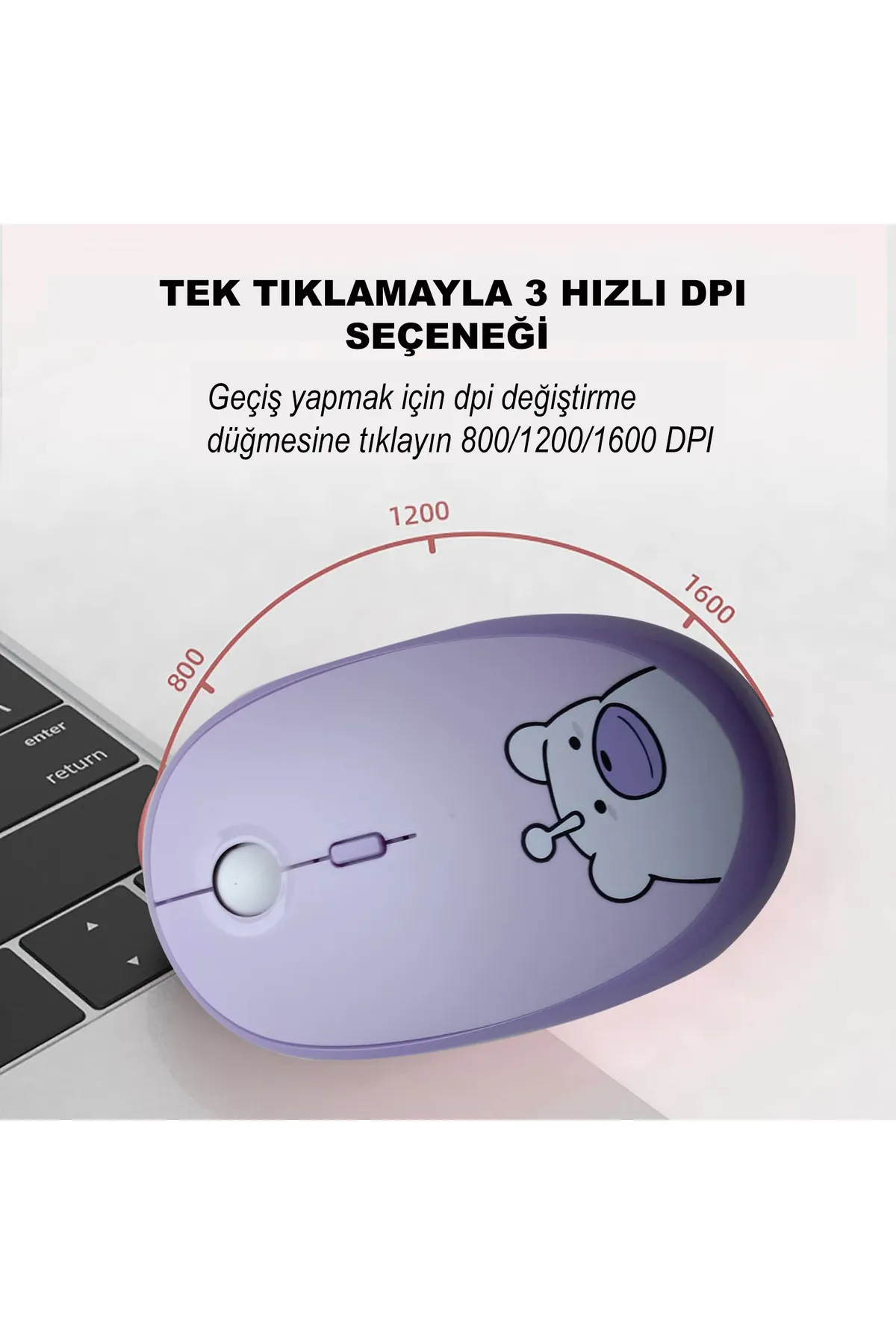 Mofii Hellobear Yuvarlak Tuşlu Ayıcık Desenli Kablosuz Mor Klavye Mouse Set